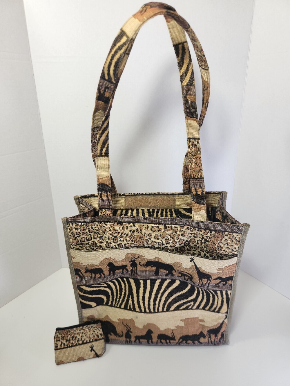 Jade Safari Animal Print Tapestry Zip Purse Tote Bag w/ Coin Purse Pockets